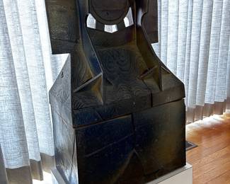 Victor Babu (1936-2019, U.T.) "Cracked Chest" Clay/ Salted Stoneware. Purchased in 1968,  37.5" Height not including formica base)  23" wide, 16" deep 