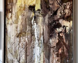 Original Walter McCown (Texas, 1932 - 1994) 25.5" x 37.5" abstract painting on masonite with heavy palette work, signed lower left