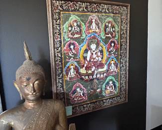 Thai bronze Buddha standing figure, Bangkok School (mid 19th c. ) Purchased it in the 1960's measures 50" on wood mount. .  Buddhist painting with tapestry border,  27x 22 inches. 