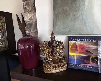 Chinese oxblood ginger jar,  11 inches height. Tibetan bronze image, ht 12.5 inches, likely cast in Nepal in 1950s or 60s, purchased in 1982 in Kathmandu.  Sense of Home signed by artist Richard Stout.  