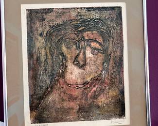 Kanwal Krishna etching: "Portrait" 15 x 13 inches. purchased in 1961. New Delhi. 