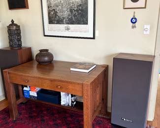 Arts & Crafts Mission oak desk, Pair of Nakamichi stereo speakers on Afghani Tekke Bokhara room size rug.
