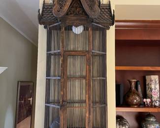 Beautifully Carved Asian Style Wooden Birdcage Lamp 