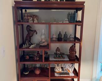 Vintage Chinese Hardwood Open Etagere Shelf  with Carved Doors and Drawer