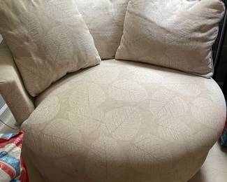 Swivel Chair-and-a-Half Love Seat in Beige Fabric with Throw Pilllows