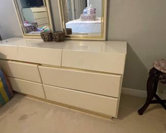 Postmodern Cream Lacquer Laminate and Gold Dresser with Mirrors and 6 drawers.