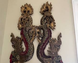 Antique Thai Wood NAGA Statues with Mirror Glass 