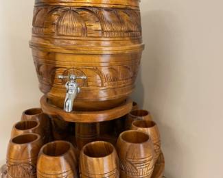 Vintage Solid Wood Lazy Susan Drink Serving Set with Spigot and Cups