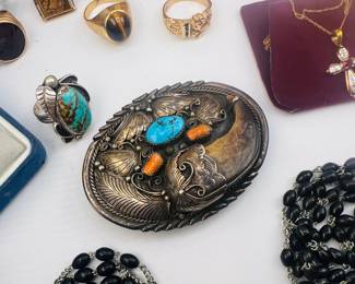 Sterling Silver Turquoise, Coral and Tusk Belt Buckle