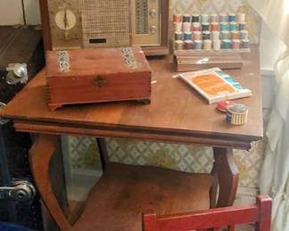 Antique oak table * MCM tote with orange flowers* old radio * wooden jewelry box* children's red rocker