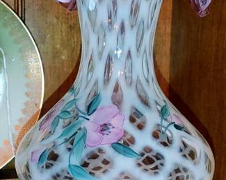 Fenton Meadow Beauty Rose Crest Hand Painted Vase Artist Signed Lattice 7".5 