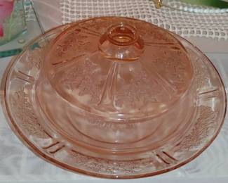 Pink cabbage rose round butter dish