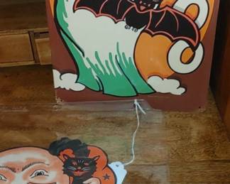 Mestal Halloween sign and vintage Halloween cutouts and decorations