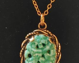 Vintage Pendant Necklace Etched Czech Glass Green 12KT GF Gold Filled Setting