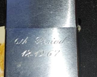 Vintage zippo lighter given to couch Jessie by 6th period glass on 1967