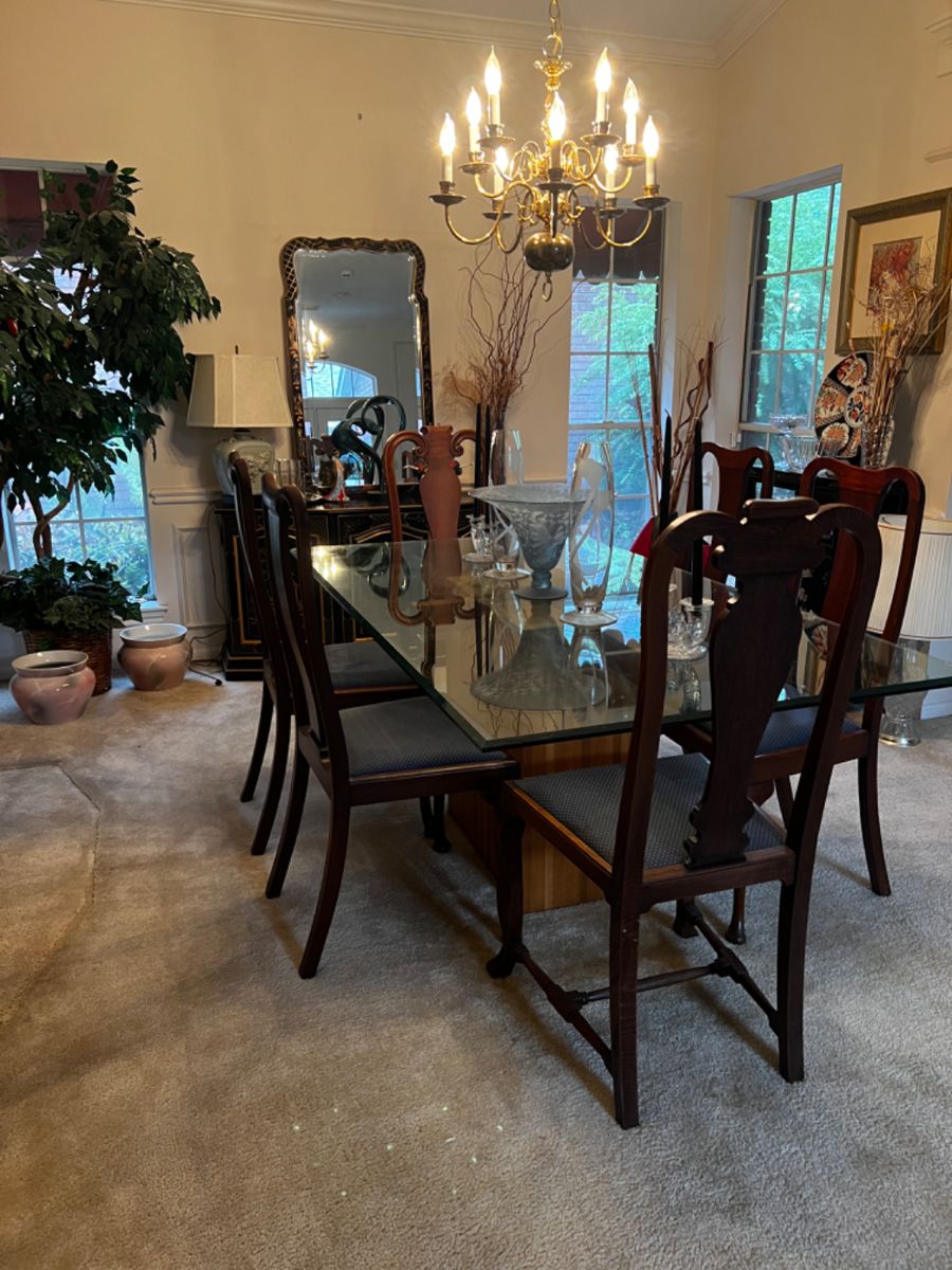 Dining Room Glass Top Table with Wood Base & 6 Chairs 