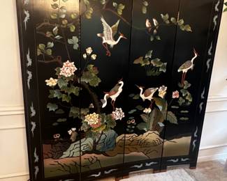 Asian 4 Panel Screen with Birds and Lotus Flowers
