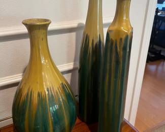 Contemporary Mustard Yellow & Green Glazed Pottery Vases