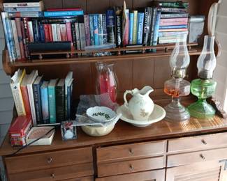 BOOKS AND MISC ON CABINET