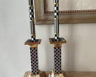 McKenzie Childs Torquay Frank Mustard HAND PAINTED Ceramic  Pillar, candle sticks