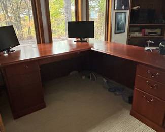Gunlocke L shape wood desk in Cherry finish