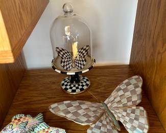 MacKenzie-Childs Courtly Check Pedestal with Cloche, Parchment Check Butterfly Wall Decor, pair MacKenzie-Childs FISH Drawer Pulls Knobs
