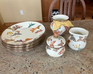 Mackenzie Childs Butterfly Garden Courtly Check Enamel Creamer & Sugar Bowl and Set of Dinner Plates