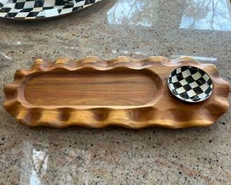 Mackenzie Childs Acacia Wood Serving Tray with Courtly Check Relish Dish 