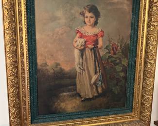 Antique Lithograph "Girl with Kitten" Artist:  Jane Freeman.