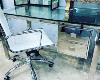 Modern Mirrored Desk and Leather rolling Chair Orlando Auction