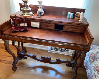 Dainty and elegant petite desk with fold back top- drawers and pigeon holes with lovely scroll accents