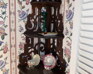 Sweet antique corner shelf full of pretties