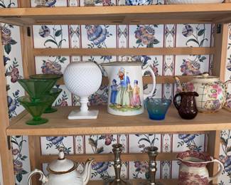 Pitchers, plates, China and glass assortment