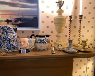 Alabaster lamp- candlesticks -pitchers and Toby mugs