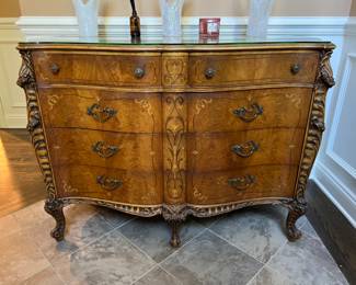 Antique 5 Drawer Chest Inlaid Design Custom Made Glass Top