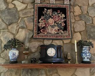 Antique Mantle Clock - Vintage Oil Lamp - Brass candlestick & Acrorn finial - Blue & White Porcelain vase