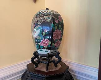 Intricate carved Rosewood plant stand with marble top insert. Asian floral lidded ginger jar.