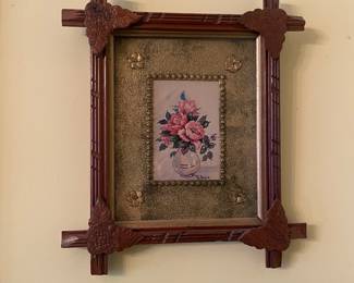 Antique tramp art frame with still life art