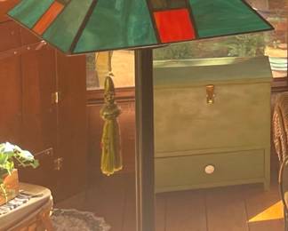 Tiffany style square lamp shade on vintage floor lamp.