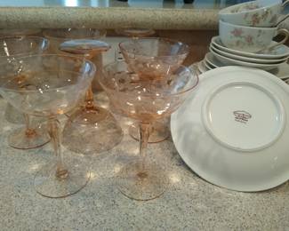 Theodore Hamilton (New York) antique china "Pink Spray" - assorted stemware