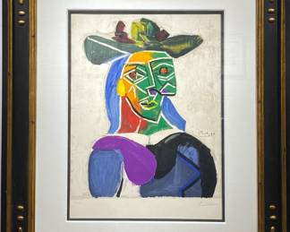 Lot 613 Original Color Lithograph by Pablo Picasso Tete de Femme au Chapeau