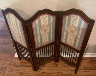 Vintage Fabric and Wood Small Tri Fold Room Divider. H. 35. W. 39. D. .75