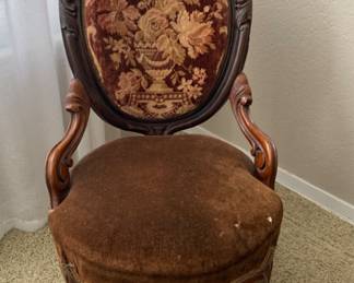 Antique Wood and Fabric Chair ( repair needed). H. 35. W20. D 26