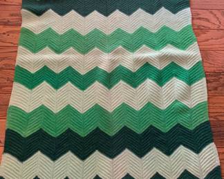 Vintage Chevron Pattern Green Crochet Blanket
