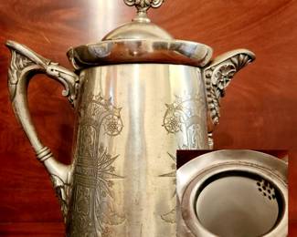 Antique Silverplate Water Pitcher with Porcelain Liner