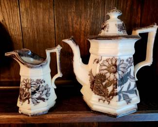 Antique Mulberry Transferware Coffee Pot and Cream Pitcher bid #16