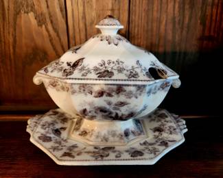 Antique Mulberry Transferware "Wreath" Lidded Gravy with Liner bid #10