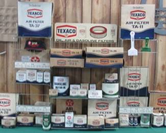 1950's - 1960's Metal Texaco Oil, Air, & Gasoline Filters Gas Station Rack w/NOS Texaco Products 