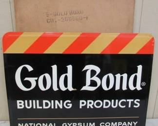 1950 - NOS Metal Gold Bond Building Products Embossed Sign w/Original Shipping Box - Size 27" x 37"
