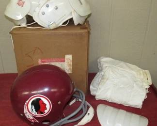 Early to Mid 1970's Childs Washington Redskins Football Helmet, Shoulder Pads, Knee Pads, Chin Guard, Pants, & Original Shipping Box Sent To Memphis, TN in the 1970's From Nashville, TN